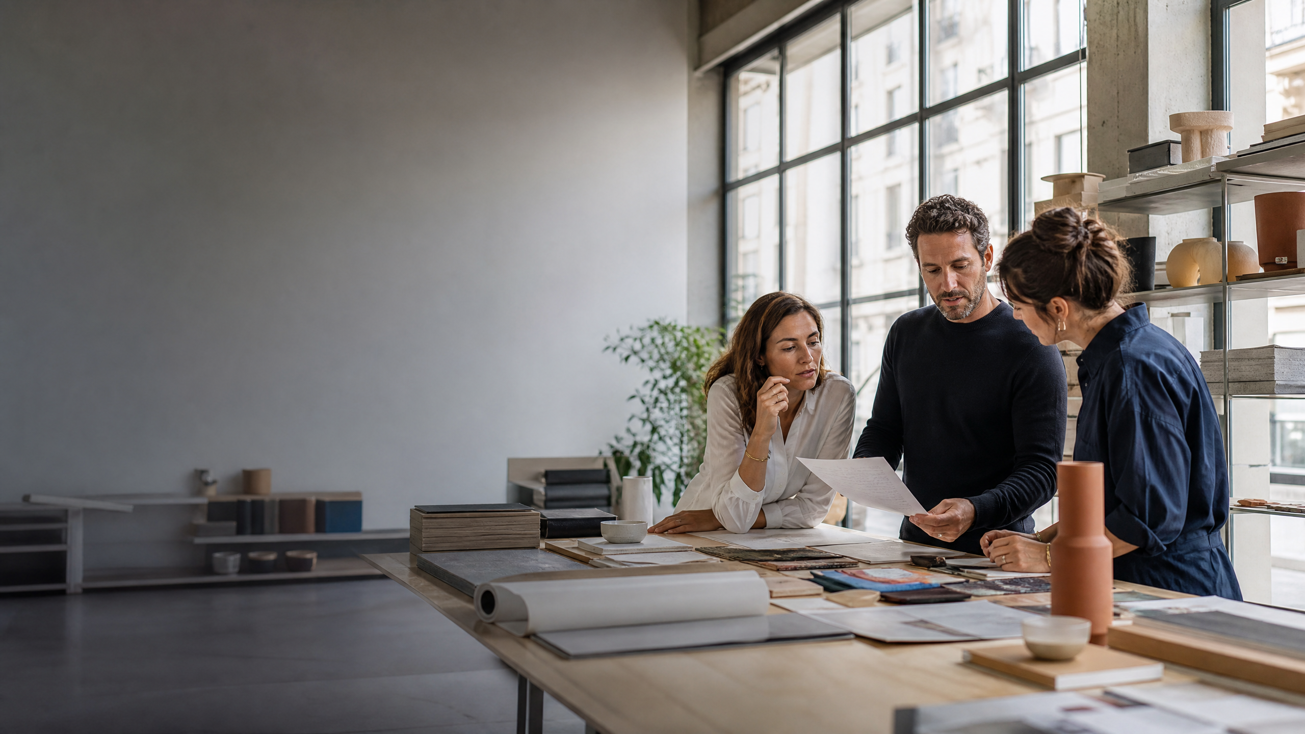 Business owner and team reviewing product samples in a bright studio