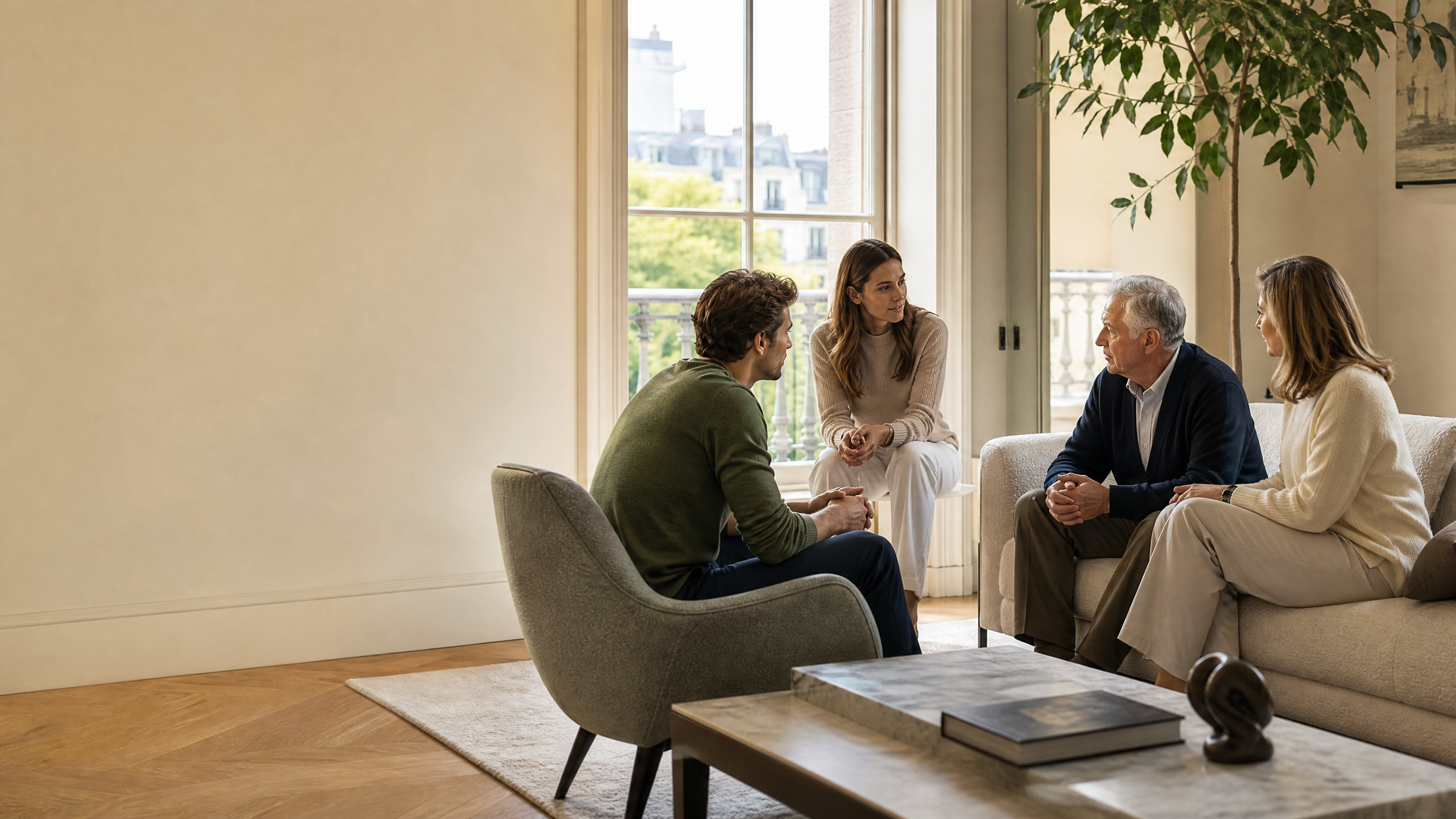 Family members talking in a bright contemporary home